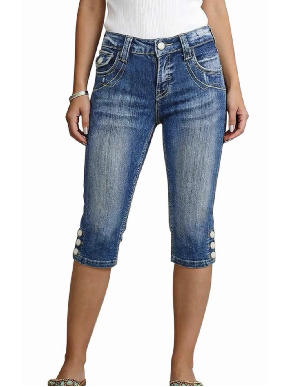 Flamingals Mid Rise Capri Skinny Wash Stitch Detail Crop Jeans 4XL